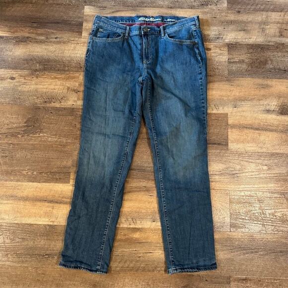Eddie Bauer Flannel Lined Boyfriend Jeans Size 12 Blue Mid-Rise Relaxed Fit - Picture 1 of 10